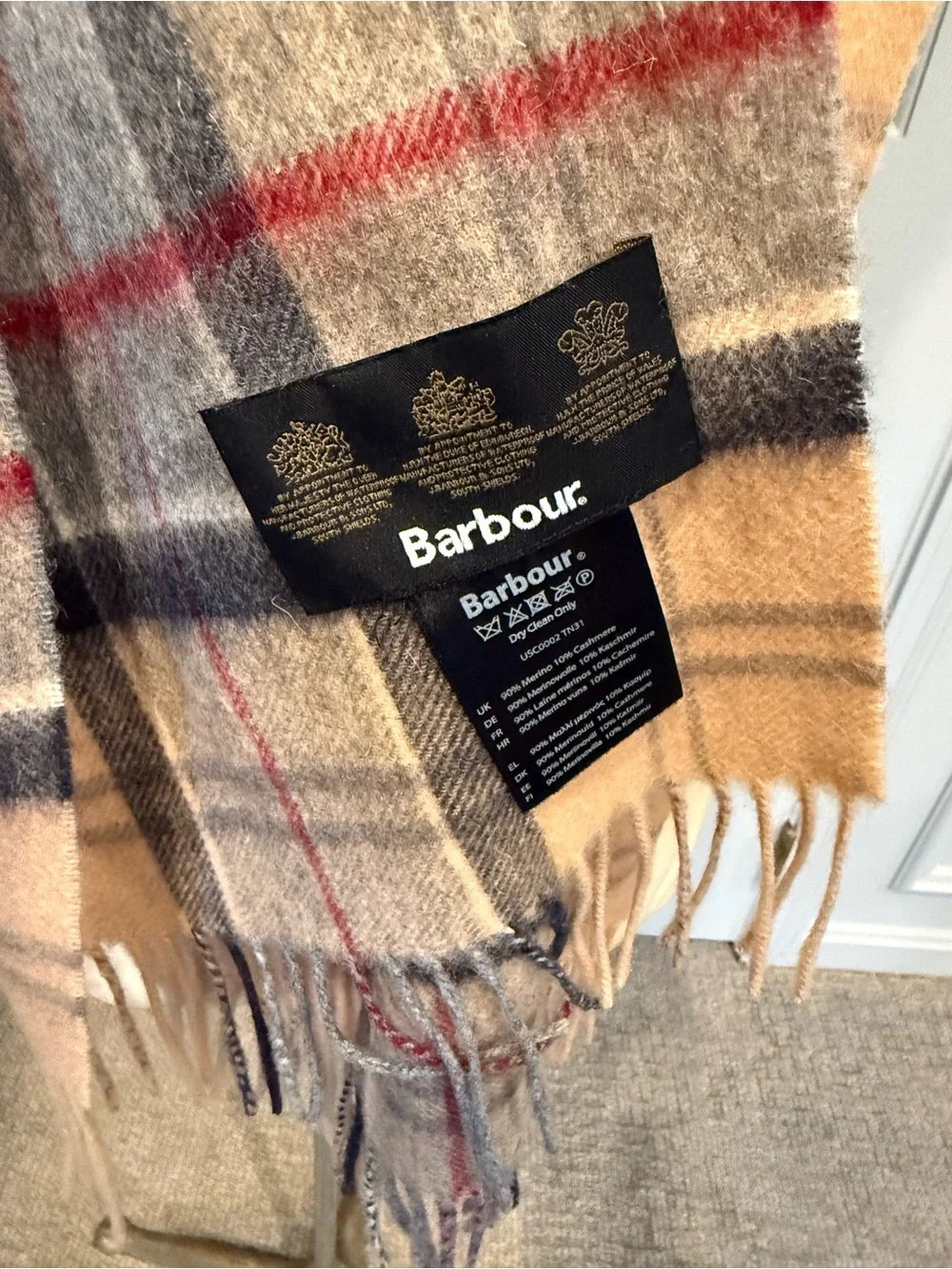 Barbour Tartan Beige Plaid Fringe Scarf